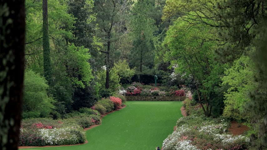 AUGUSTA, GEORGIA - APRIL 01: A general view looking back from the fairway of the new men's tournament tee back in the trees on the par 5, 13th hole during the final round of the Augusta National Women's Amateur at Augusta National Golf Club on April 01, 2023 in Augusta, Georgia. (Photo by David Cannon/Getty Images)